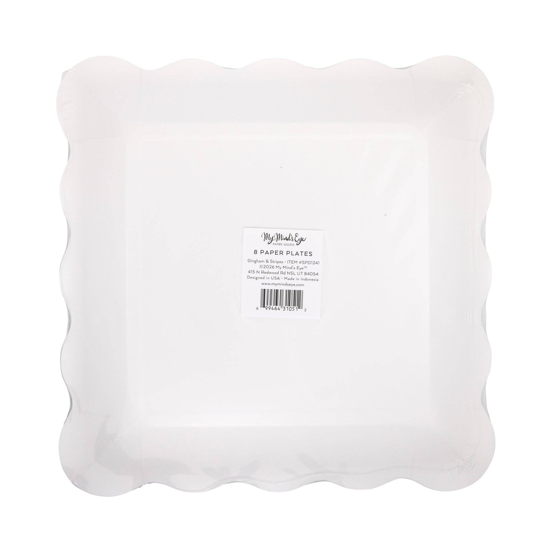Pack of white paper plates with a visible brand label on a white background