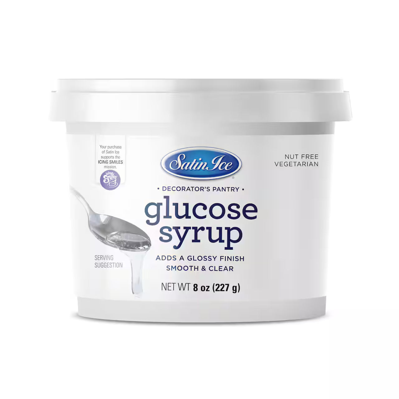 Container of Satin Ice glucose syrup on a white background