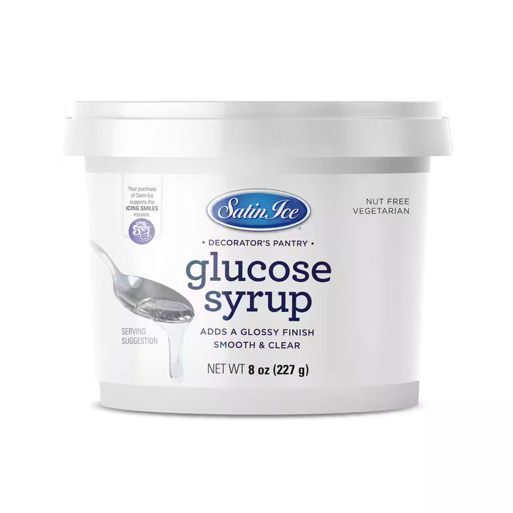 Container of Satin Ice glucose syrup on a white background