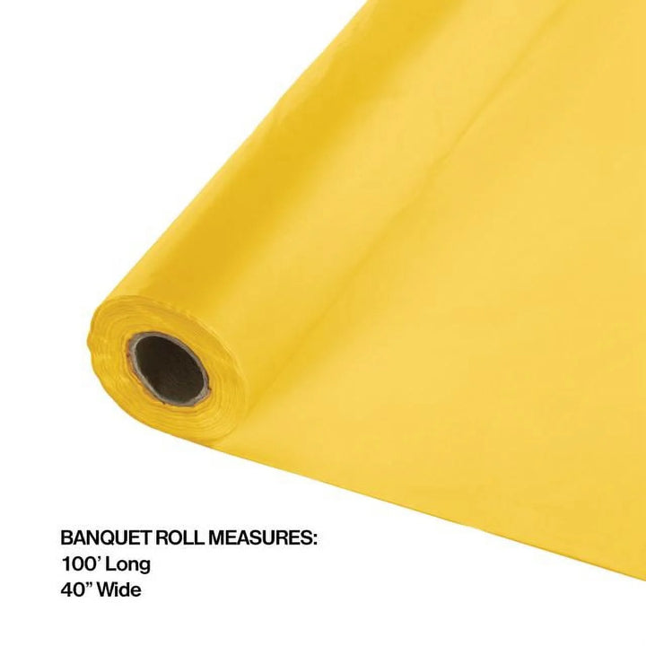Yellow table cover banquet roll with dimensions on a white background