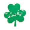 Green four-leaf clover-shaped paper plate with 'Lucky' text on a white background
