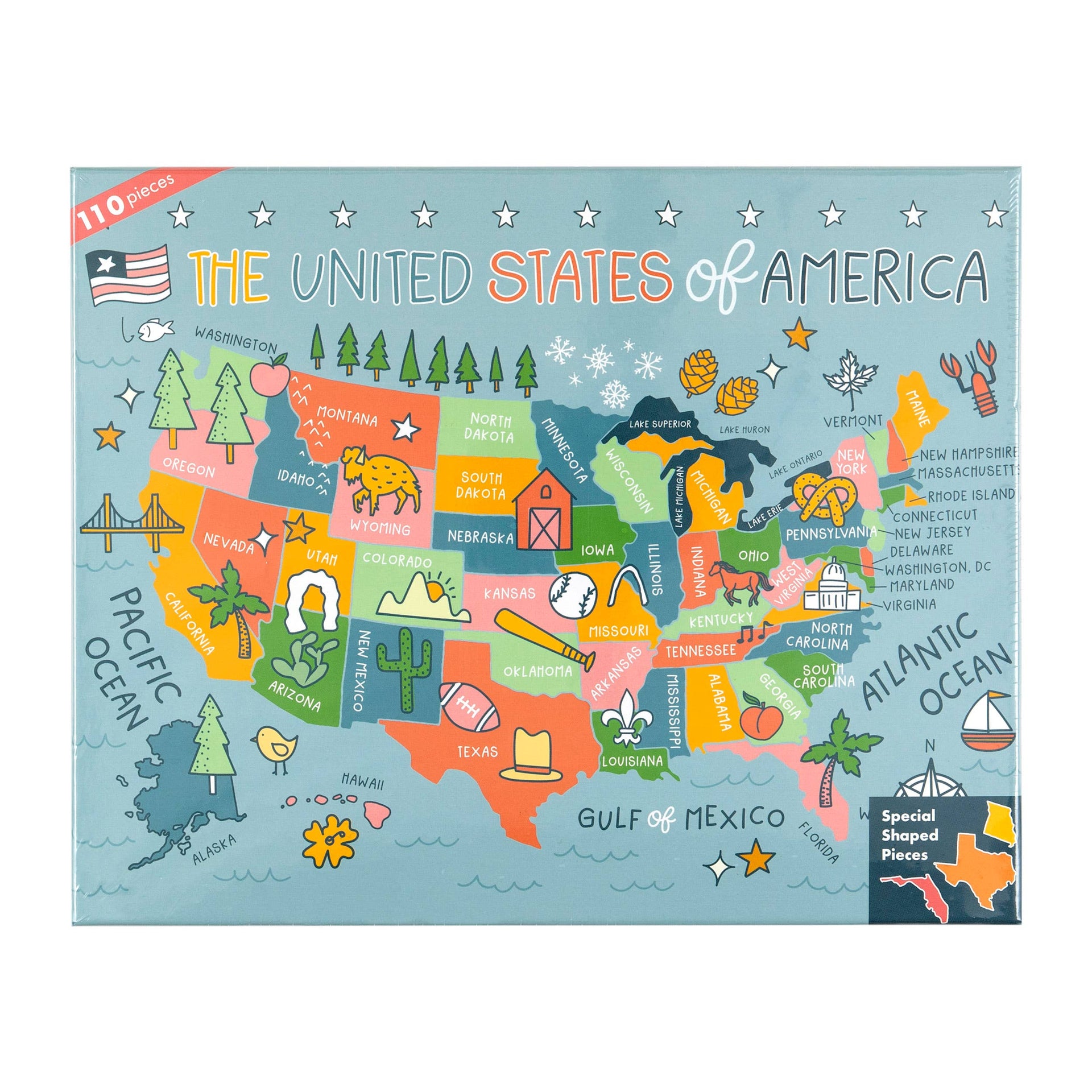 Colorful map of the United States with state icons on a blue background