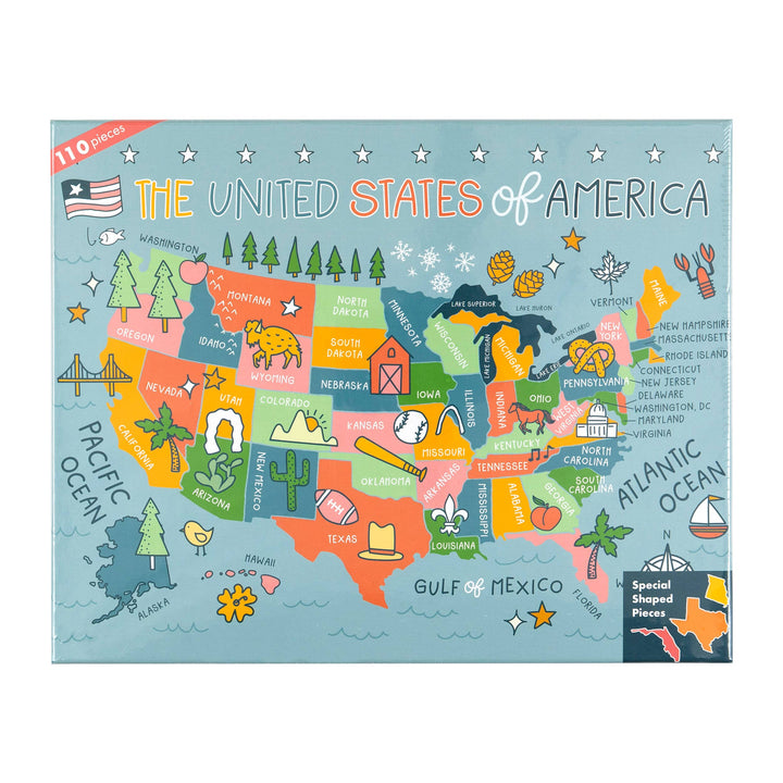 Colorful map of the United States with state icons on a blue background
