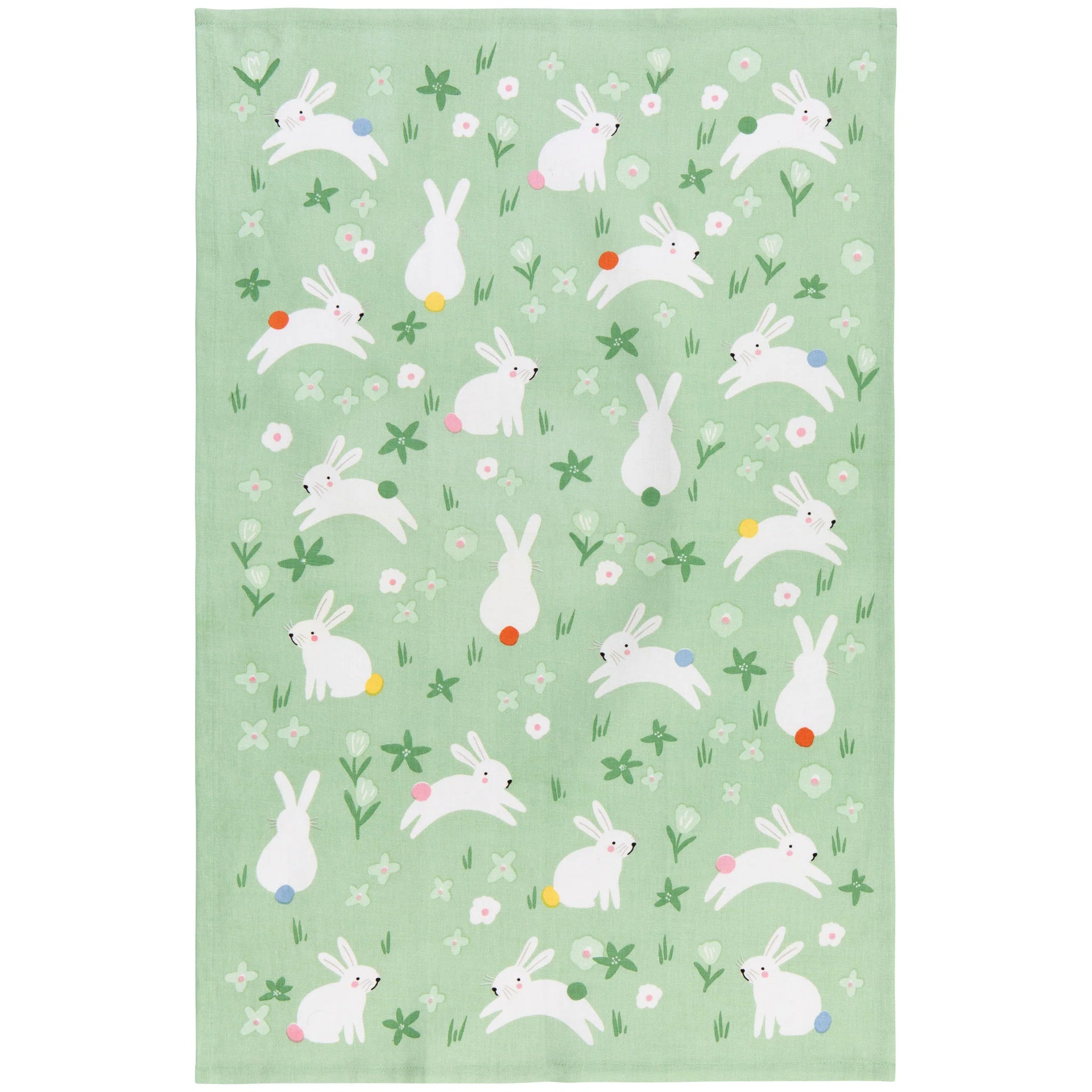 Dishcloth with white rabbit pattern on a green background