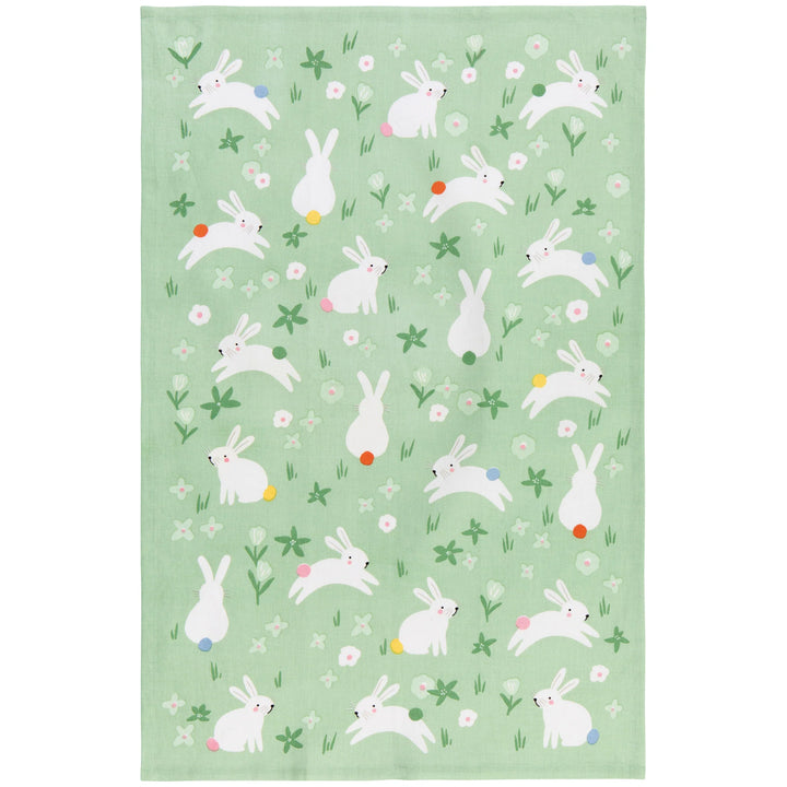 Dishcloth with white rabbit pattern on a green background