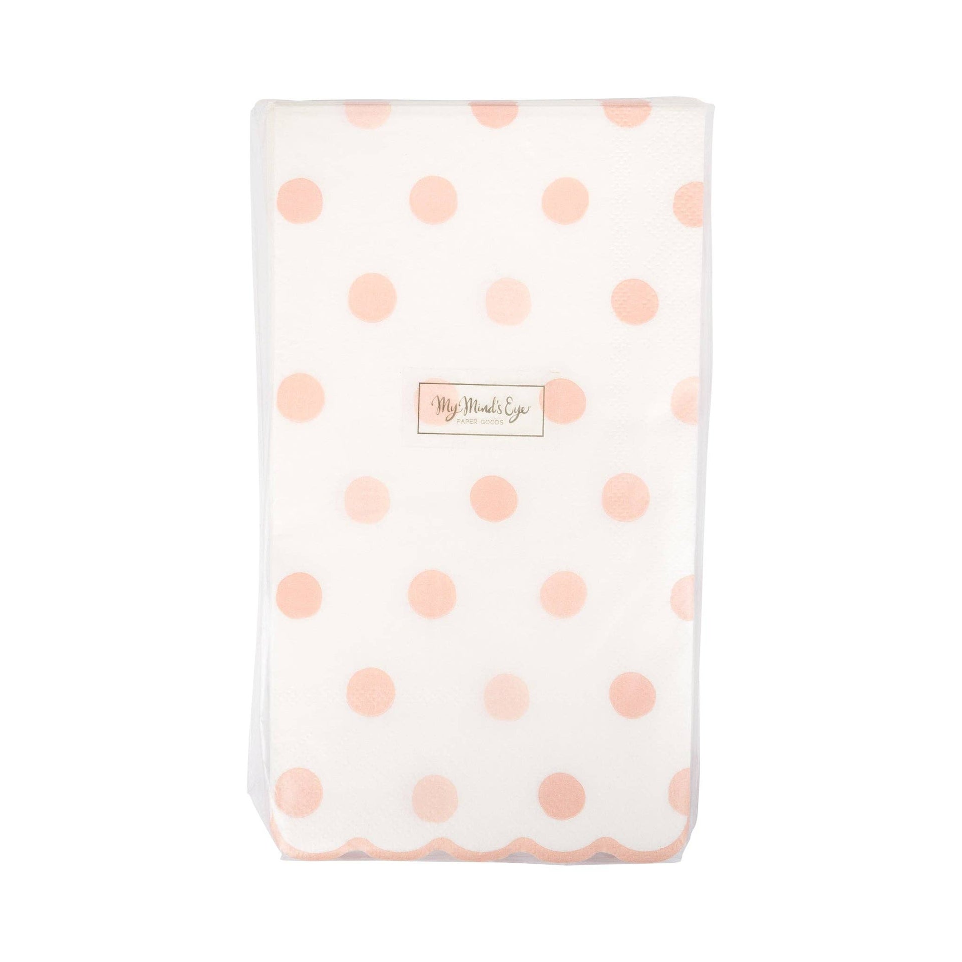 Package of napkins with pink polka dots and a brand label on a white background