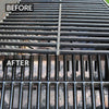 Comparison of a grill grate before and after cleaning.