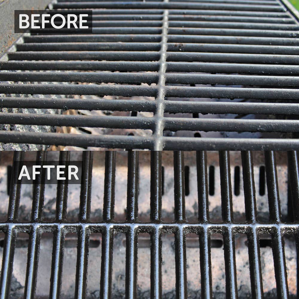 Comparison of a grill grate before and after cleaning.