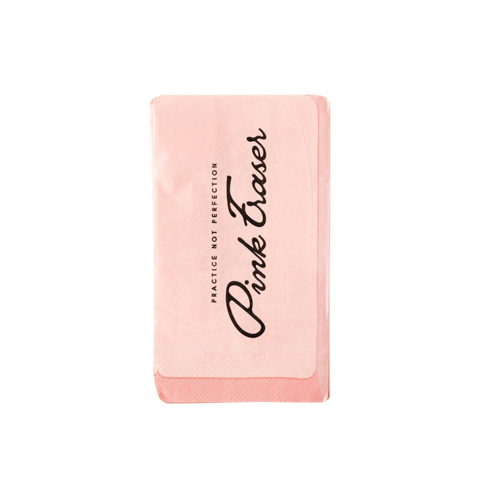 PinkEraser paper dinner napkin with brand name on a white background