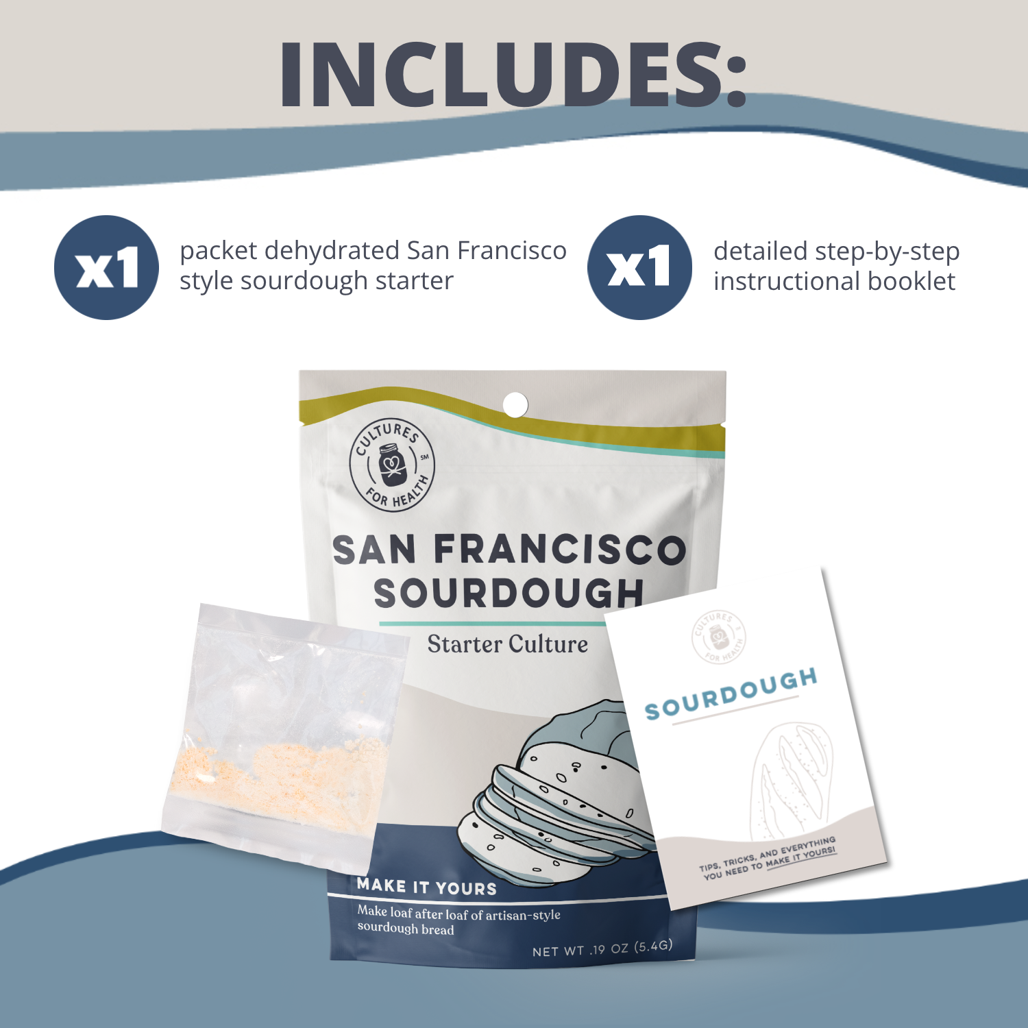 San Francisco sourdough starter culture package with a booklet on a light gray background