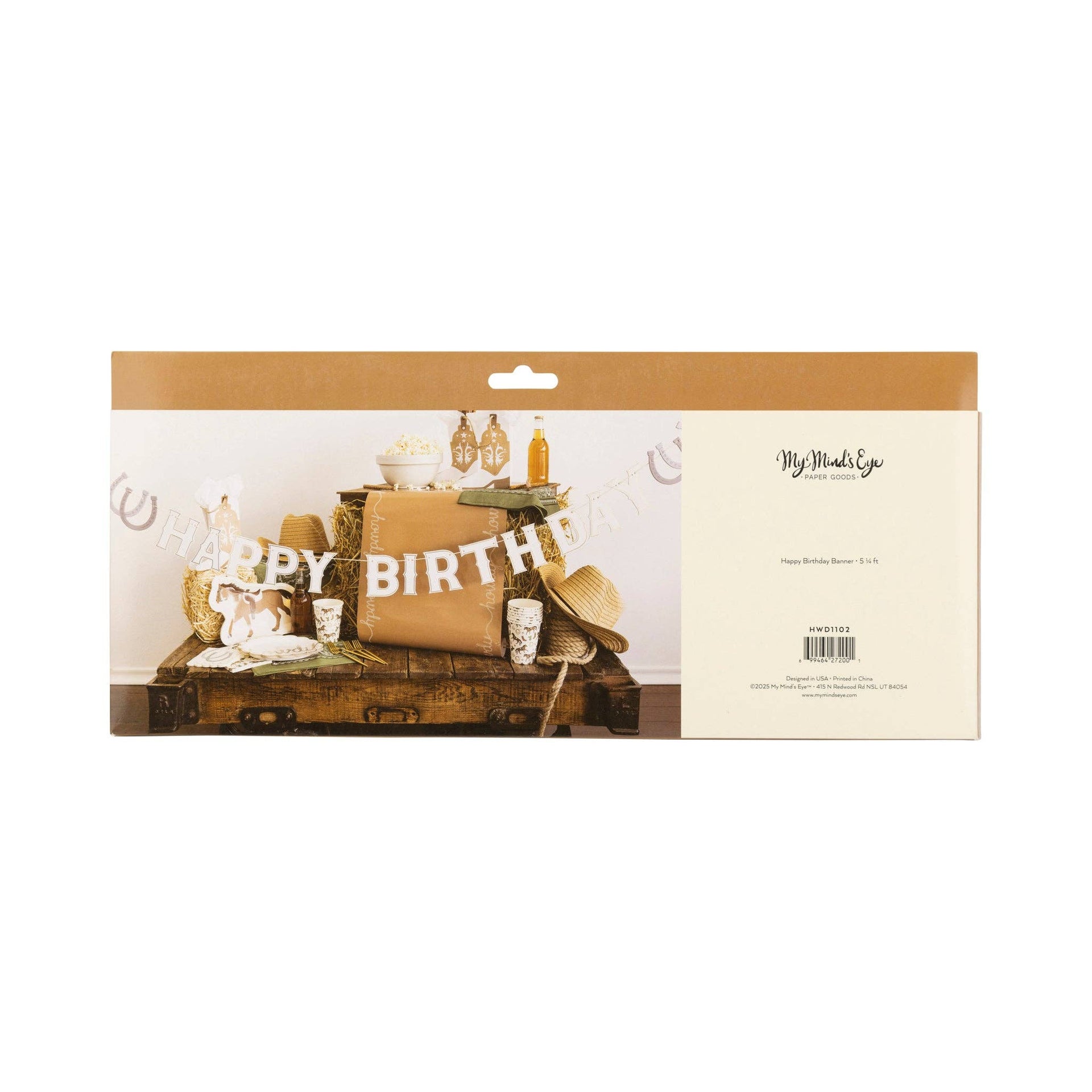 Product packaging with 'Happy Birthday' text and decorative items on a white background