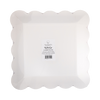 Pack of white scalloped paper plates with a brand label on a white background