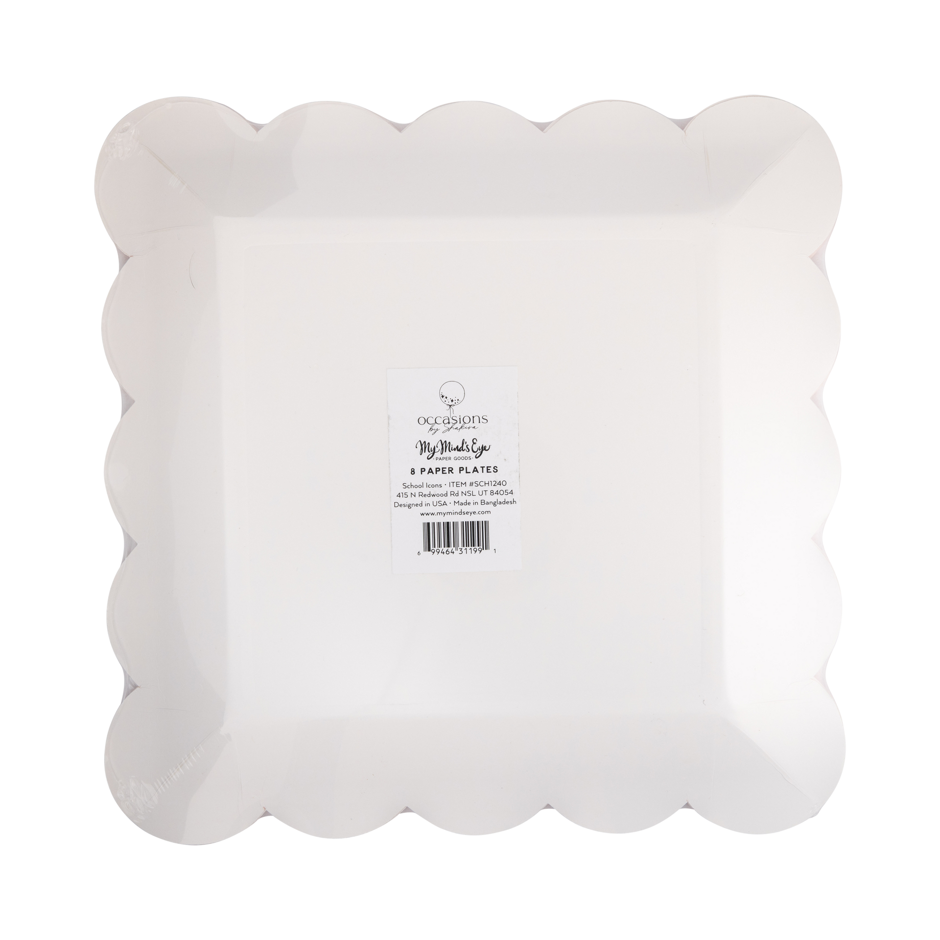 Pack of white scalloped paper plates with a brand label on a white background