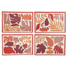 Four leaf-patterned paper placemats with a red border on a white background