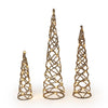 Three cone-shaped gold tinsel Christmas trees on a white background