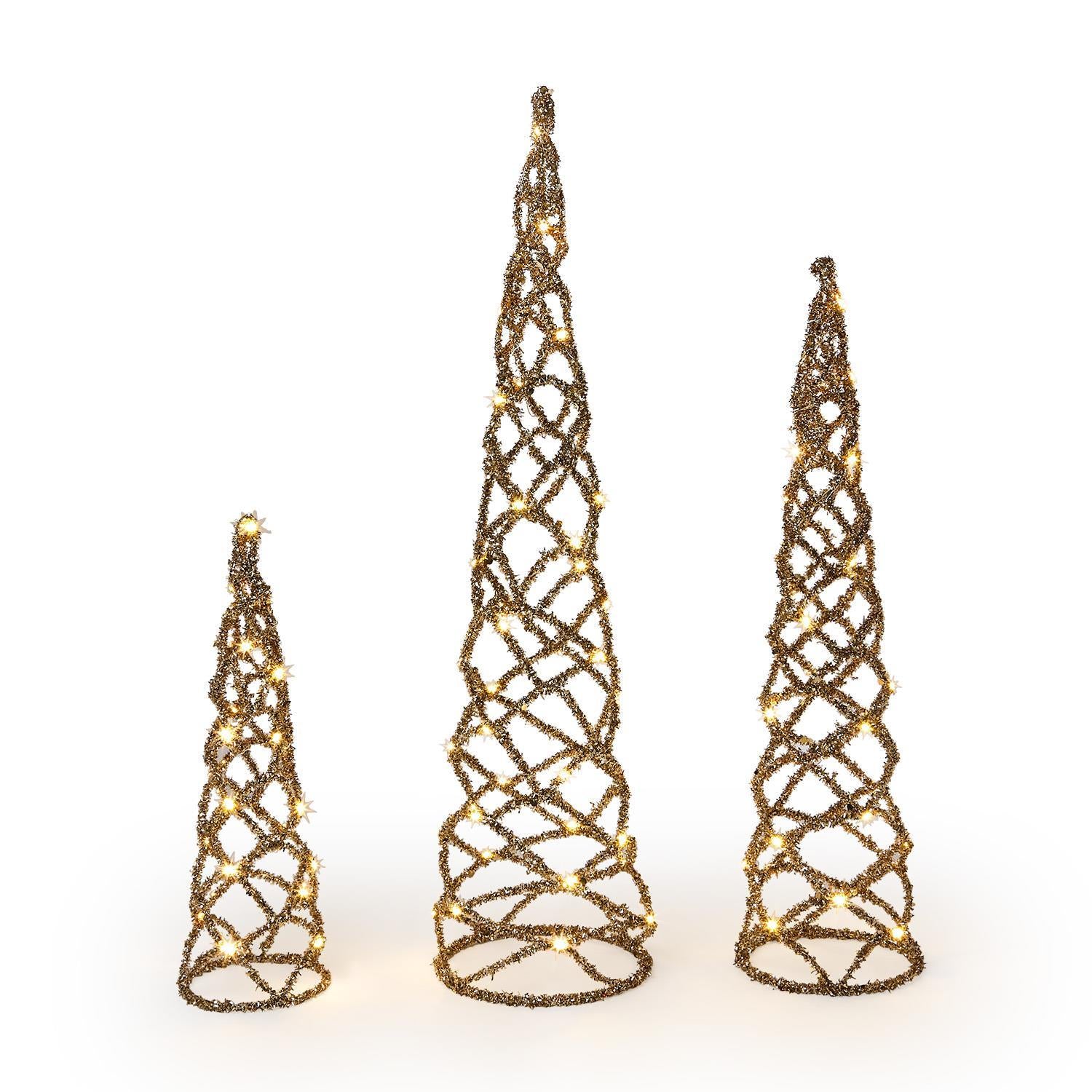 Three cone-shaped gold tinsel Christmas trees on a white background