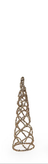 Cone-shaped gold tinsel Christmas tree on a white background