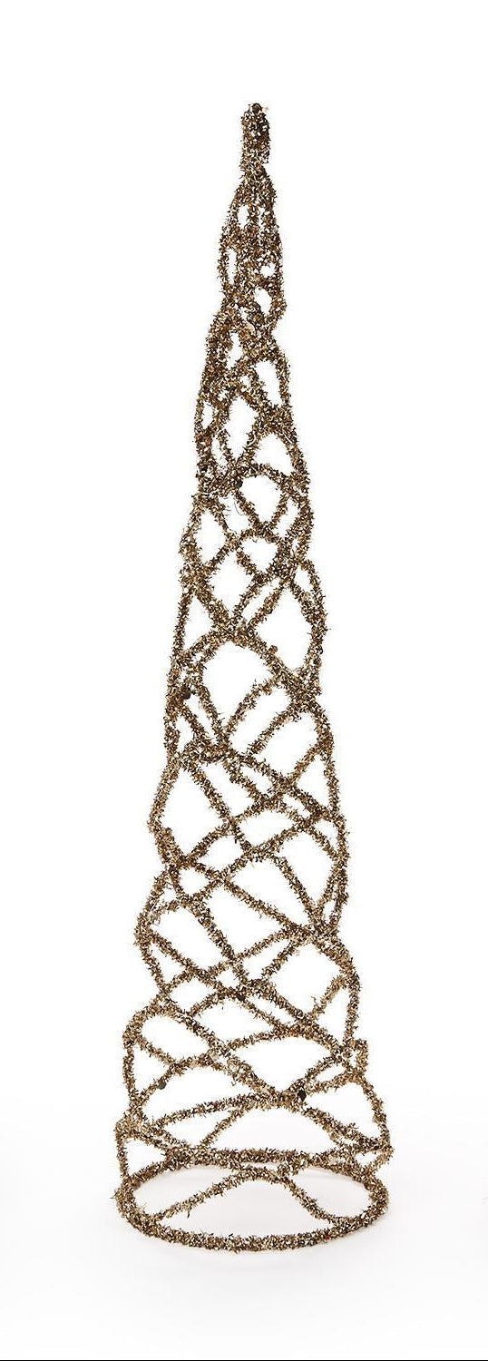 Cone-shaped gold tinsel Christmas tree on a white background