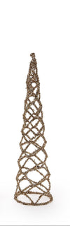 Cone-shaped gold tinsel Christmas tree on a white background