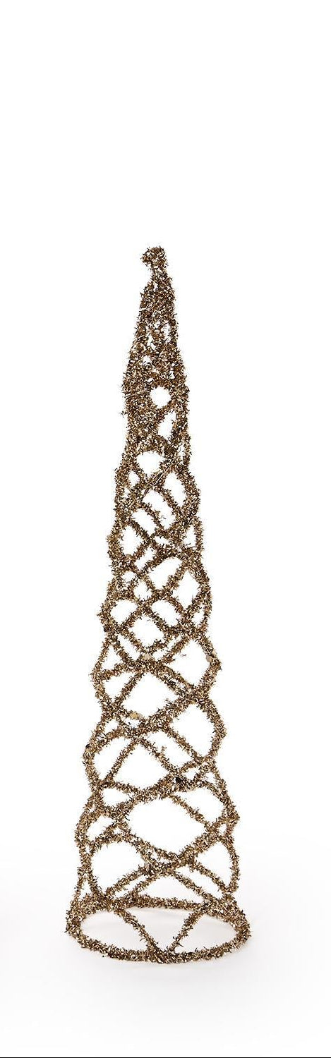 Cone-shaped gold tinsel Christmas tree on a white background
