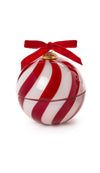 A red and white striped ornament-shaped candle with red ribbon on a white background