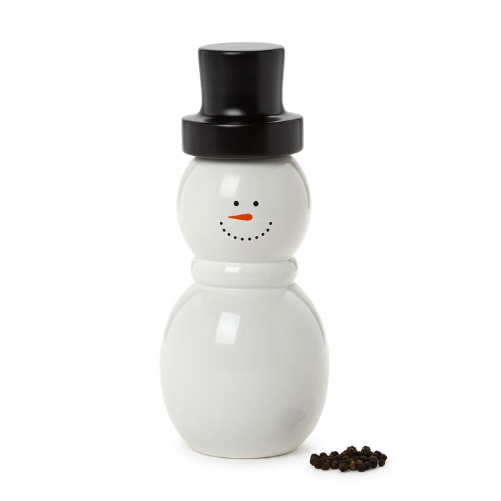 Snowman-shaped pepper grinder with a black top hat on a white background