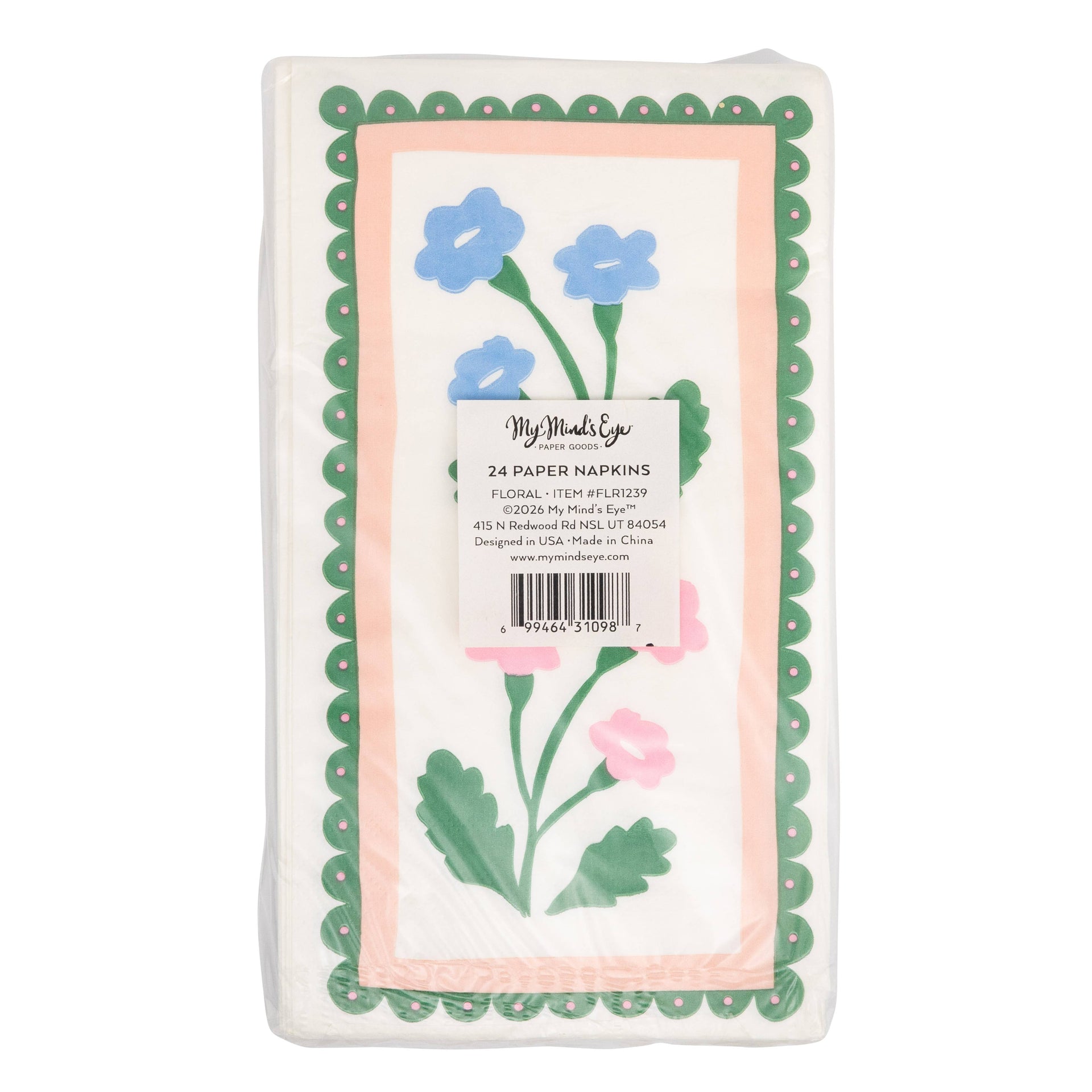 Pack of paper napkins with floral design on a white background