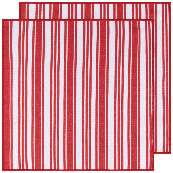 Red and white striped dish cloth on a white background