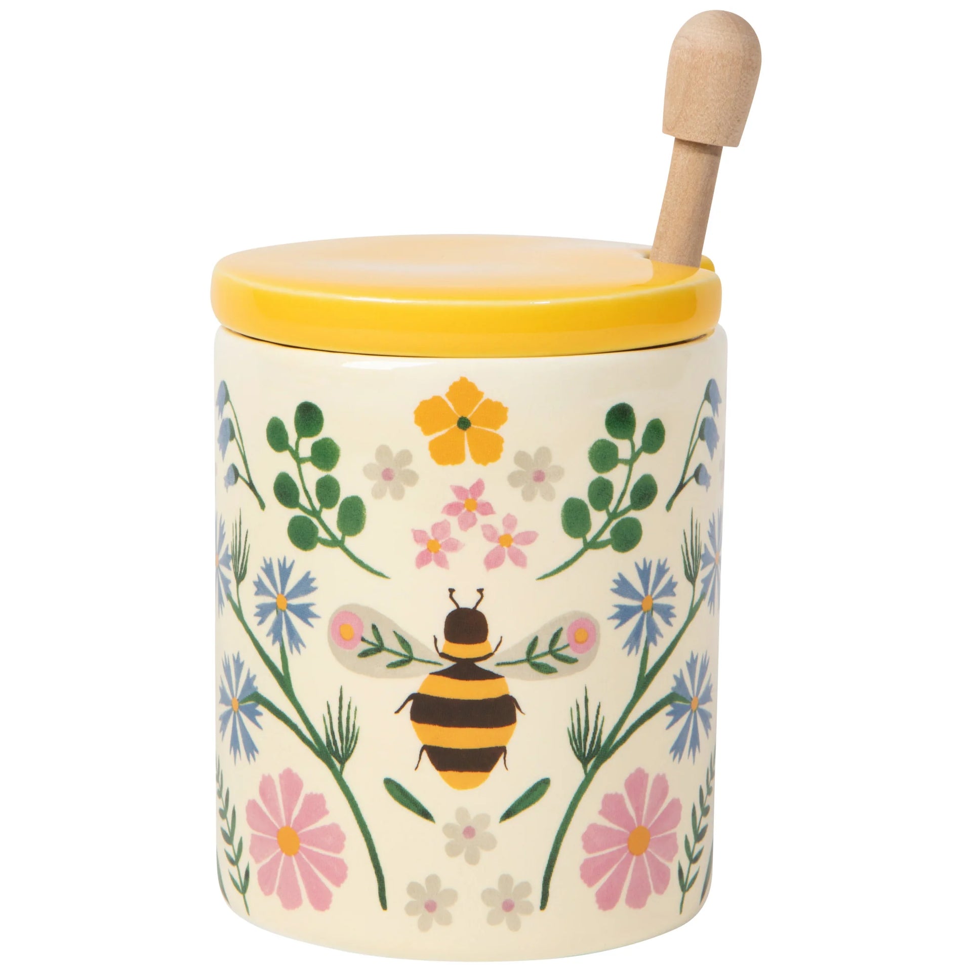 Decorative honey jar with floral design and bee illustration on a white background