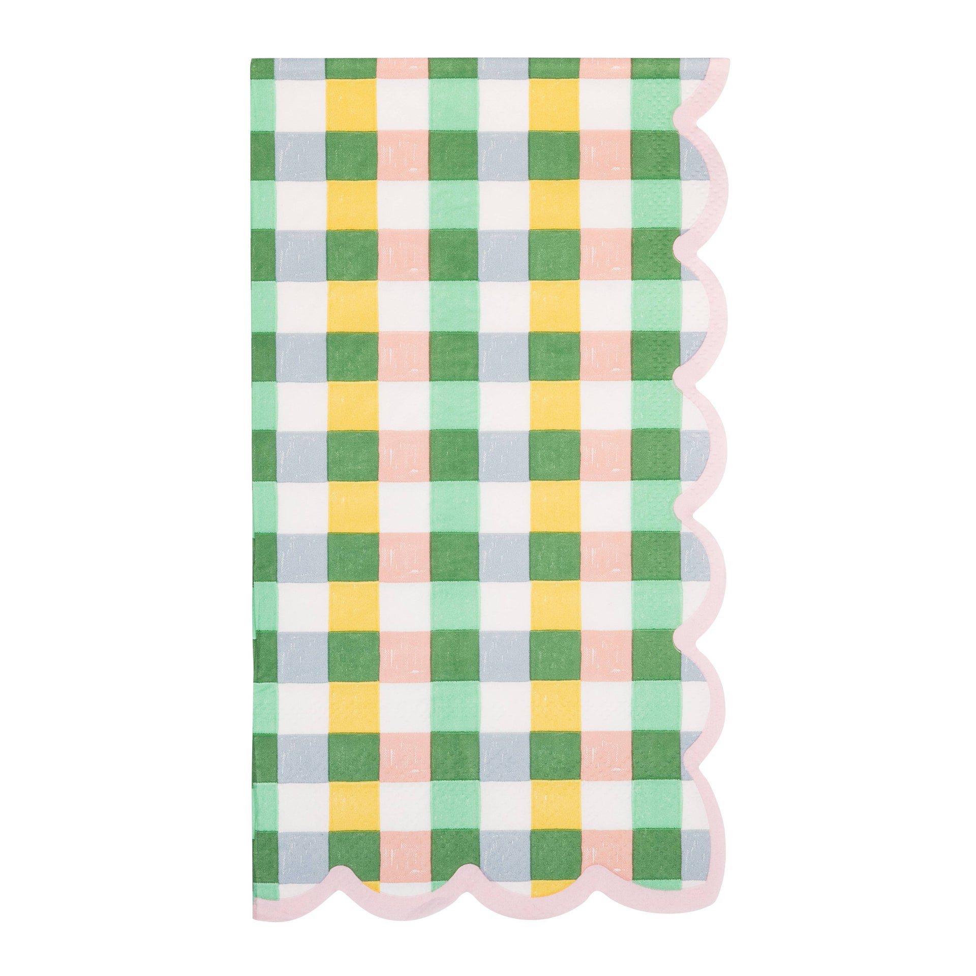 Checkered napkin with scalloped edge in green, yellow, and pink on a white background