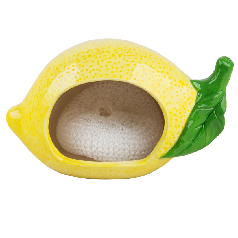 Lemon-shaped container with a green leaf on a white background