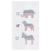 Embroidered towel with political symbols including an elephant, dog, and donkey on a white background.