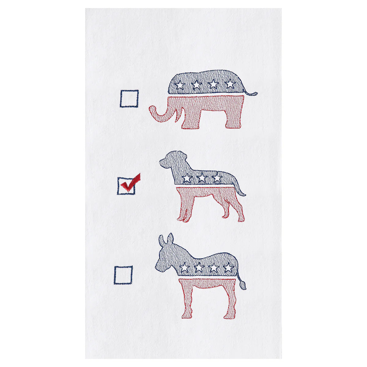 Embroidered towel with political symbols including an elephant, dog, and donkey on a white background.