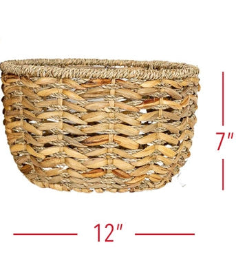 Woven basket with dimensions indicated on a white background