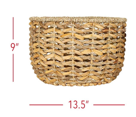 Woven basket with dimensions indicated on a white background