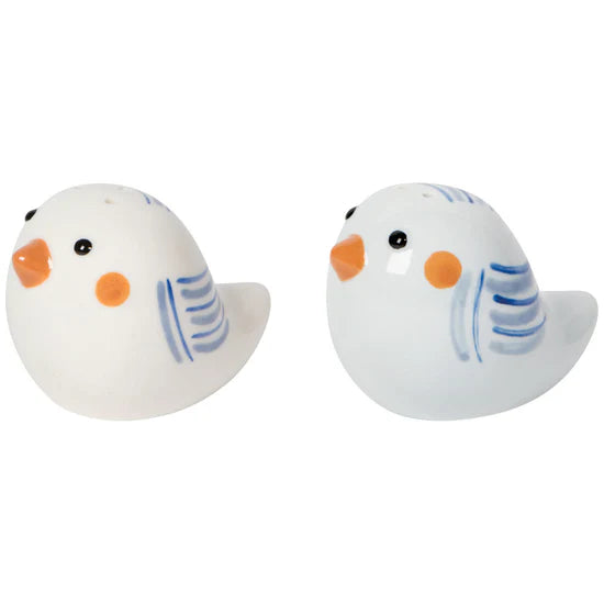 Two bird-shaped salt and pepper shakers on a white background