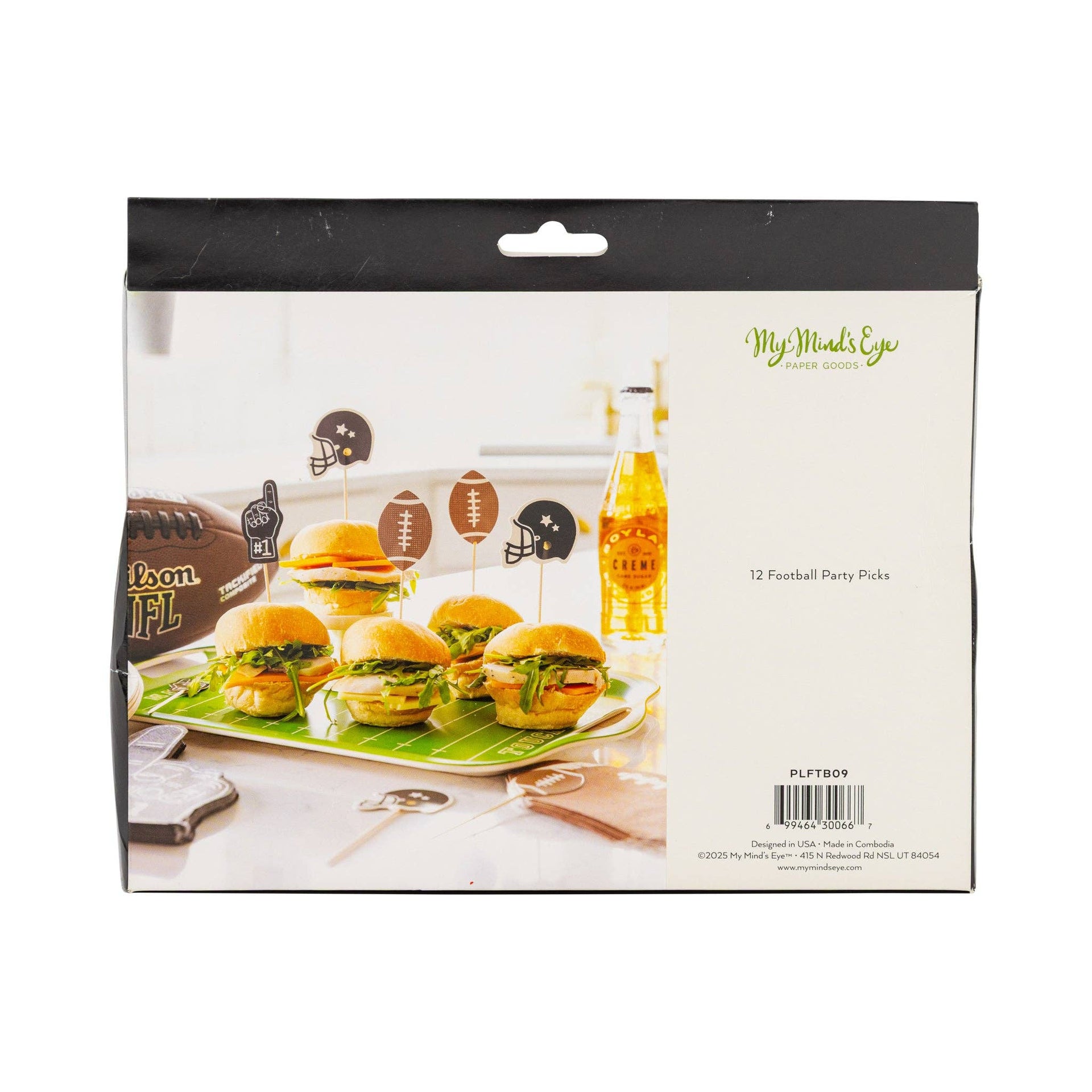 Packaging of football-themed party picks with a football and bottle design on a white background.