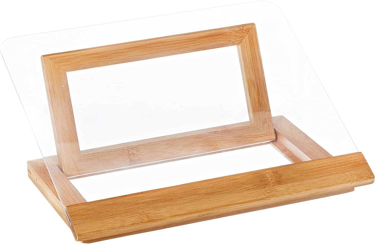 Bamboo and acrylic recipe book holder on a white background