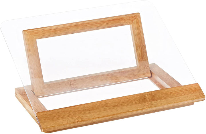 Bamboo and acrylic recipe book holder on a white background