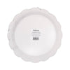 Bottom view of scalloped paper plate featuring branding and information, on a white background