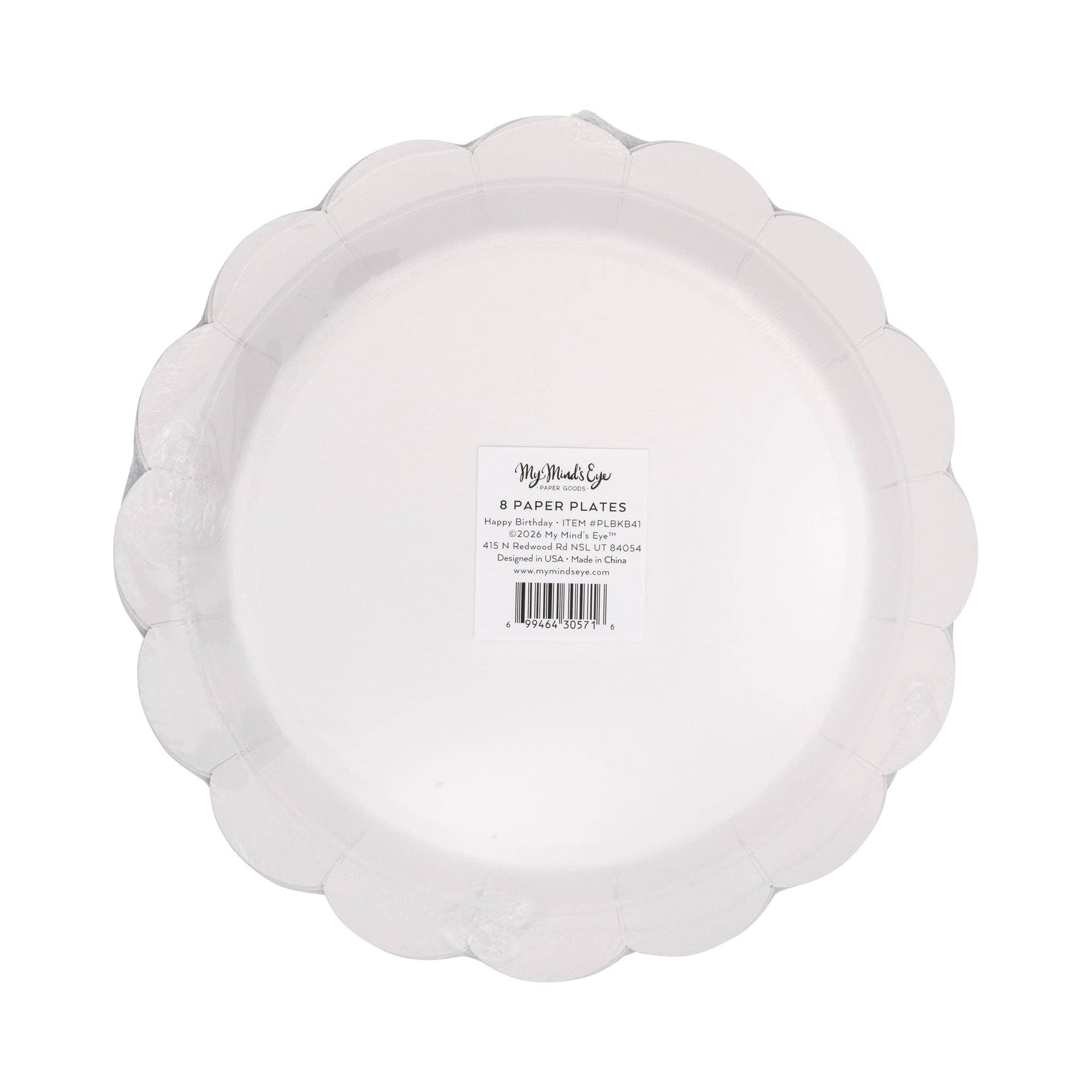 Bottom view of scalloped paper plate featuring branding and information, on a white background