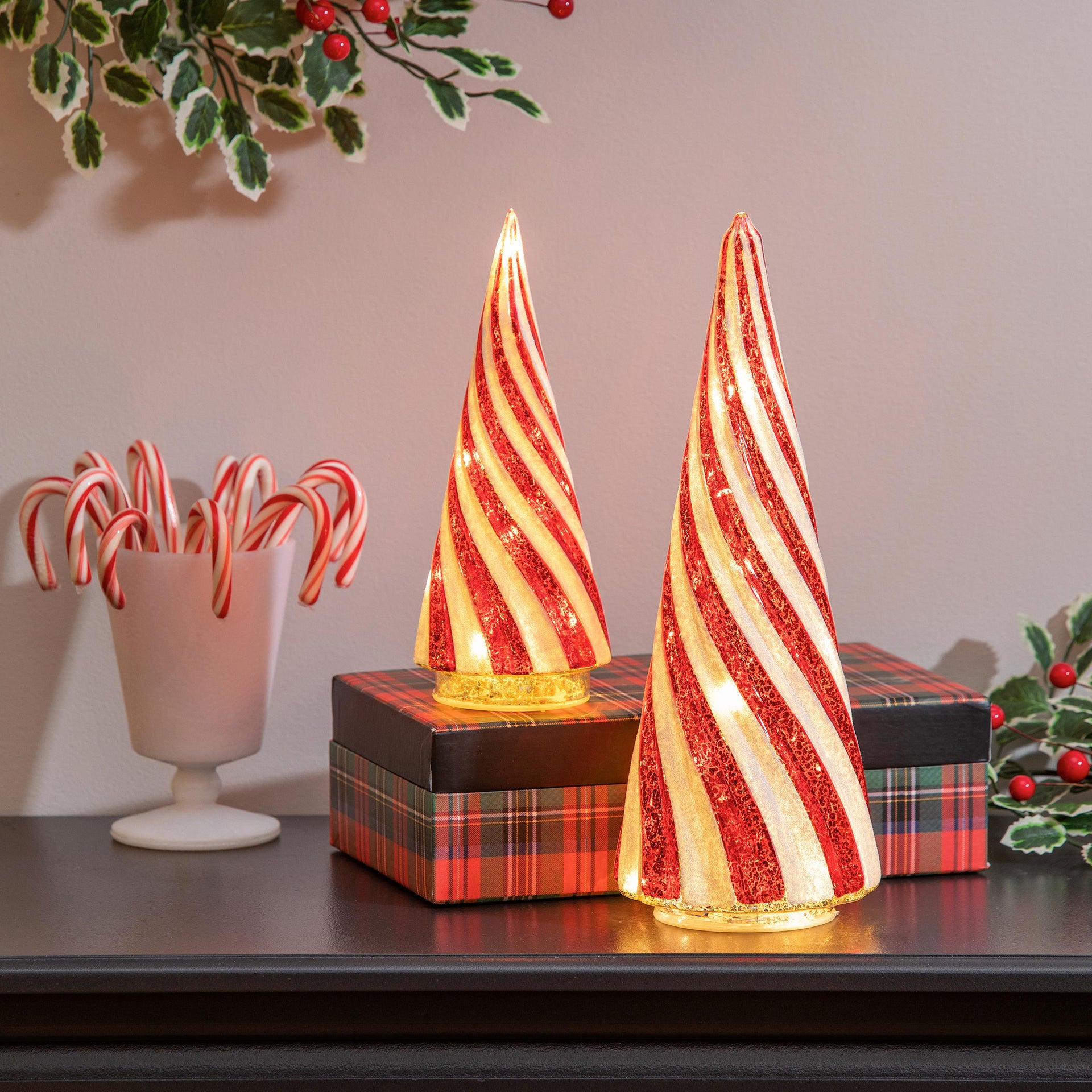 Baking Spirits Bright LED Table Decor Red and White Striped Trees