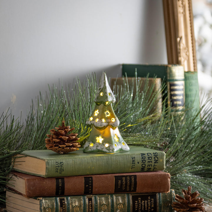 LED Table Decor Ceramic Tree with Cut-Outs 4.5"