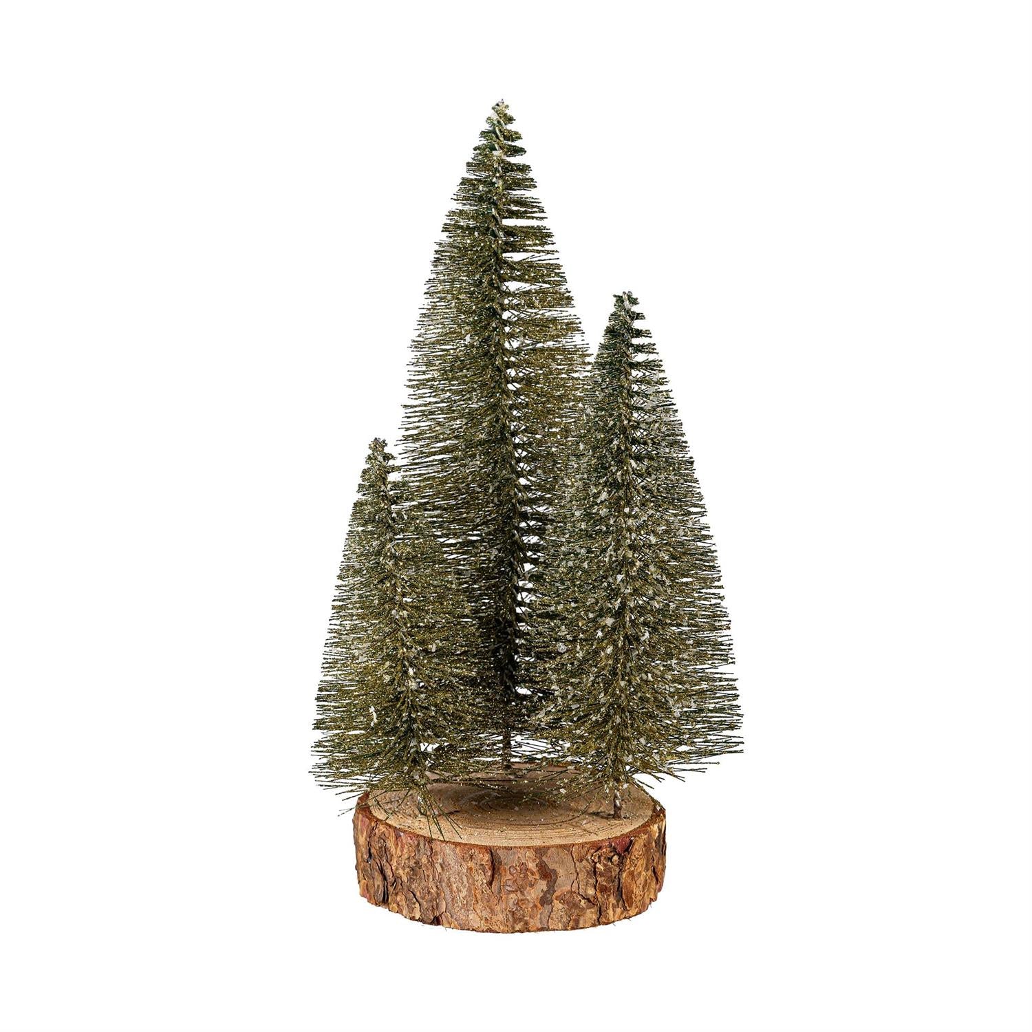 Three artificial Christmas trees on a wooden base against a white background