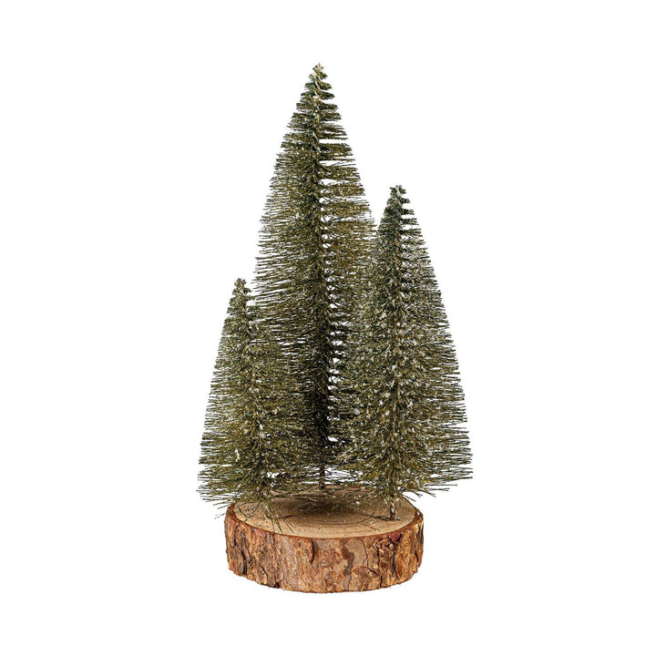 Three artificial Christmas trees on a wooden base against a white background
