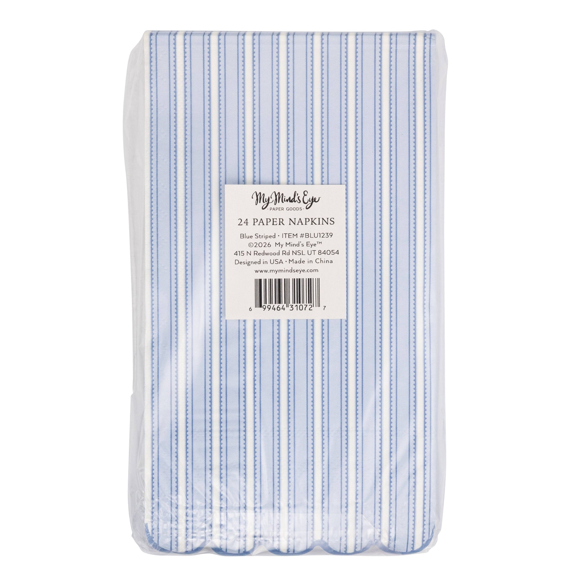Pack of blue striped paper napkins with a visible brand label on a white background