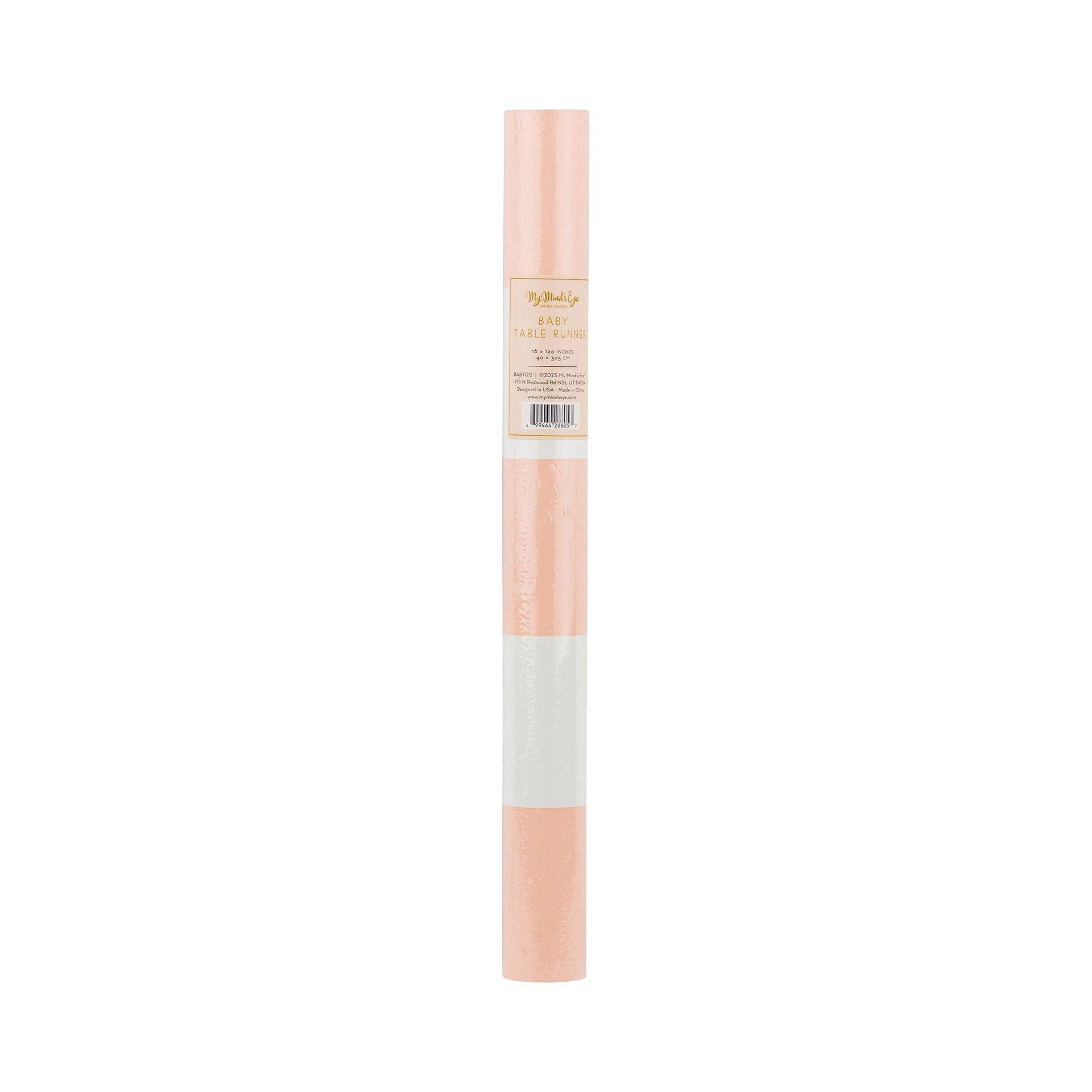 Roll of pink and white strip table runner on a white background