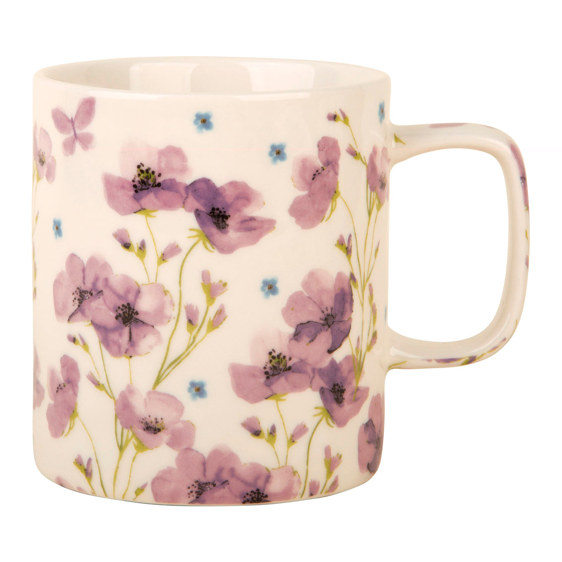 Ceramic mug with purple floral design on a white background