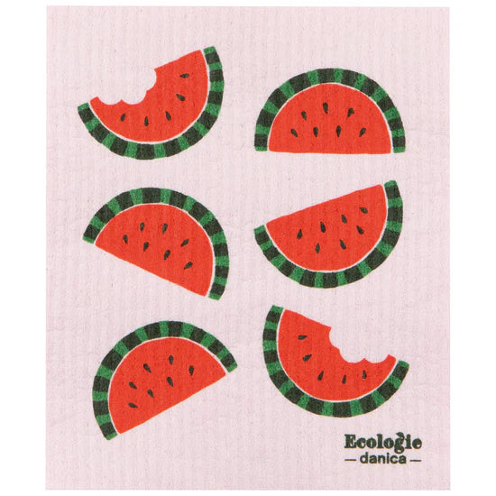 Dishcloth with watermelon slice pattern and 'Ecologie danica' branding on a light pink background