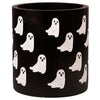Black cylindrical utensil crock with white ghost patterns on a white background